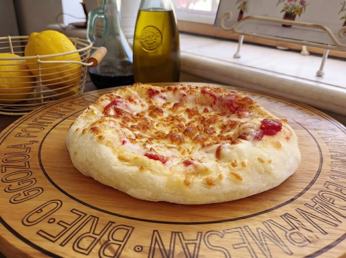 Świeże, zielone liście rukoli rozrzucone na ciepłym upieczonym spodzie do pizzy.