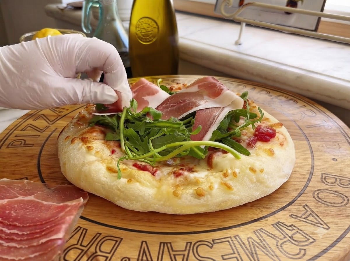 Plastry szynki parmeńskiej delikatnie układane na pizzy pokrytej rukolą.