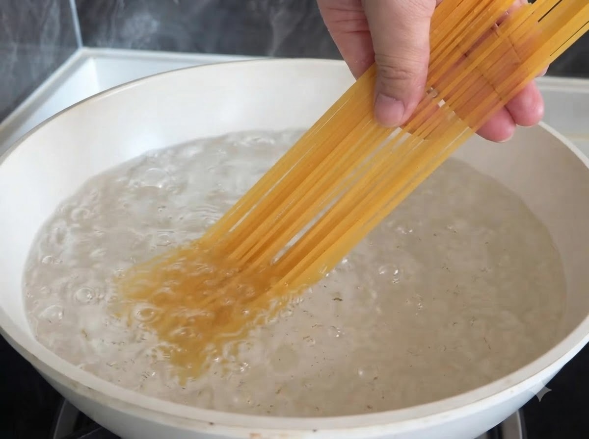 Dłoń wkładająca długie, suche nitki spaghetti do białego garnka wypełnionego bulgoczącą, wrzącą wodą.