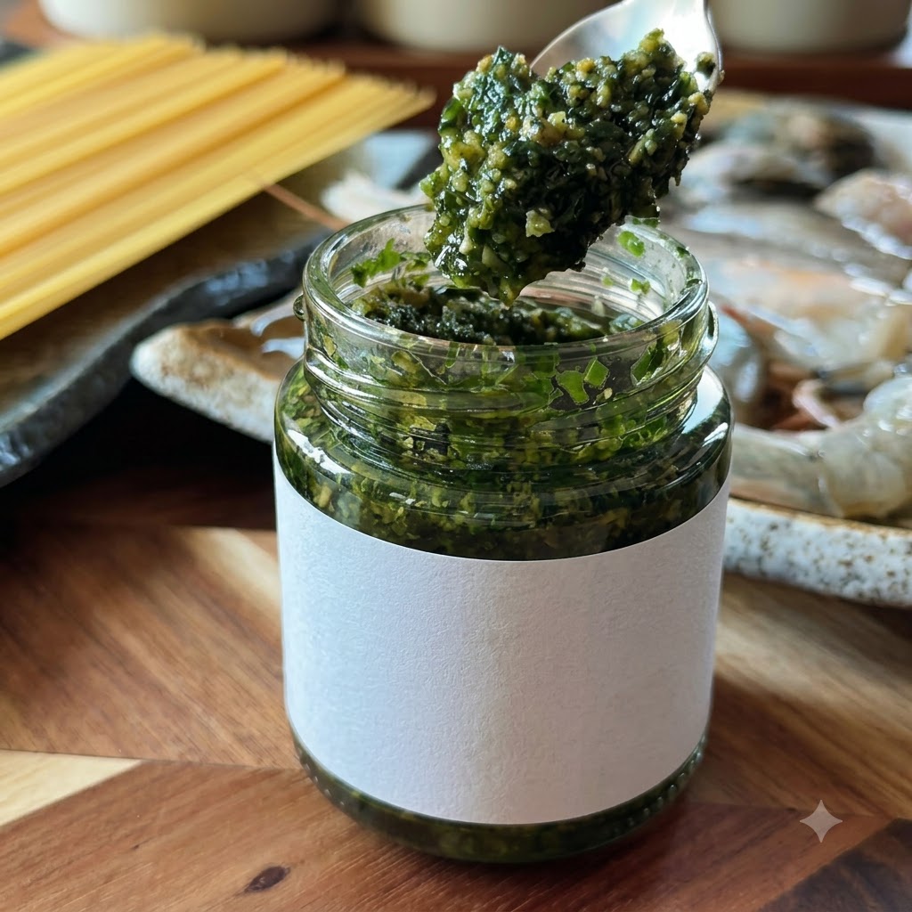 Metalowa łyżka nabierająca porcję gęstego, żywo zielonego pesto bazyliowego z małego szklanego słoiczka.