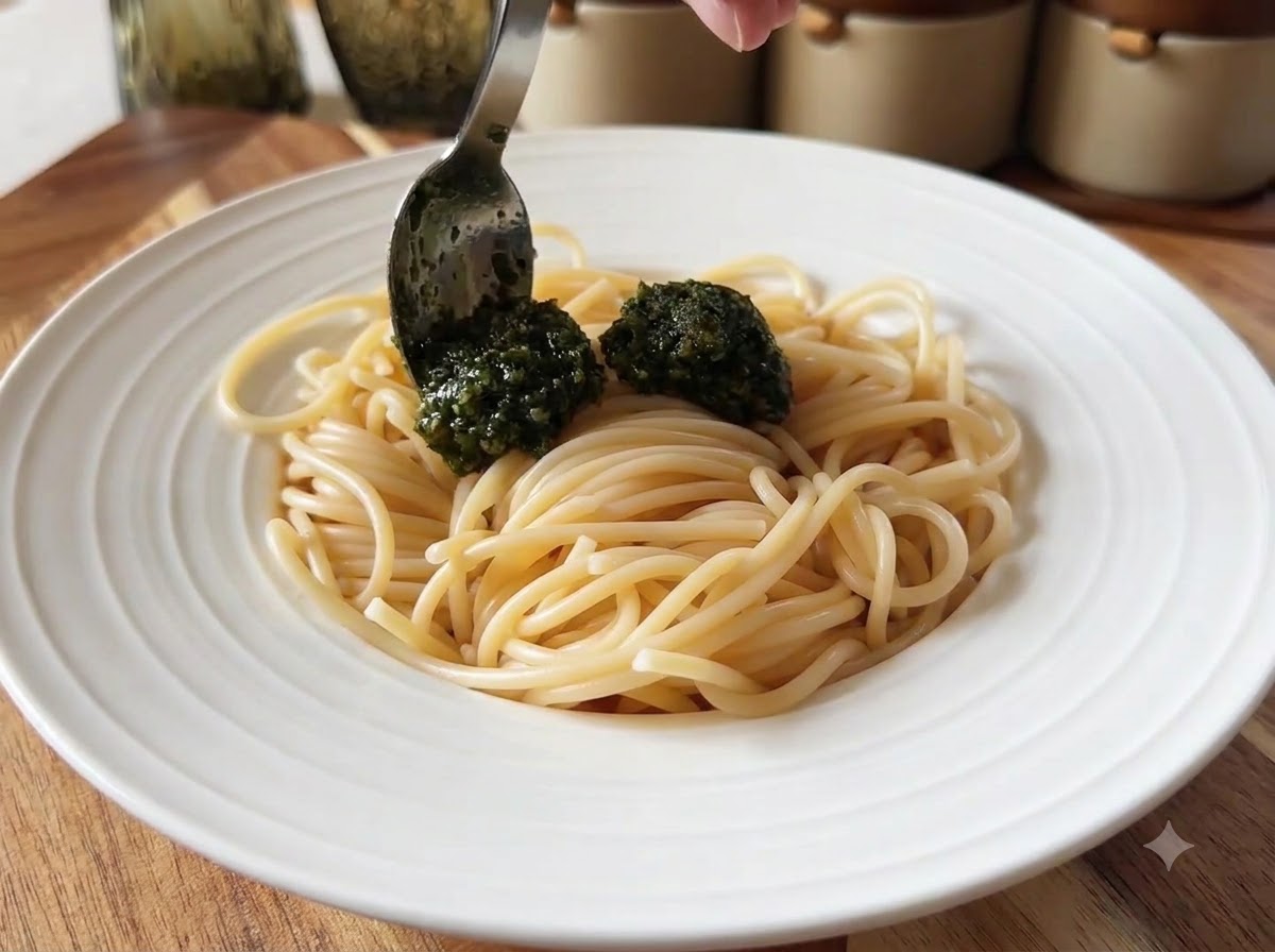 Łyżka dodająca żywo zielone pesto bazyliowe na wierzch ciepłego, ugotowanego spaghetti w białym naczyniu.