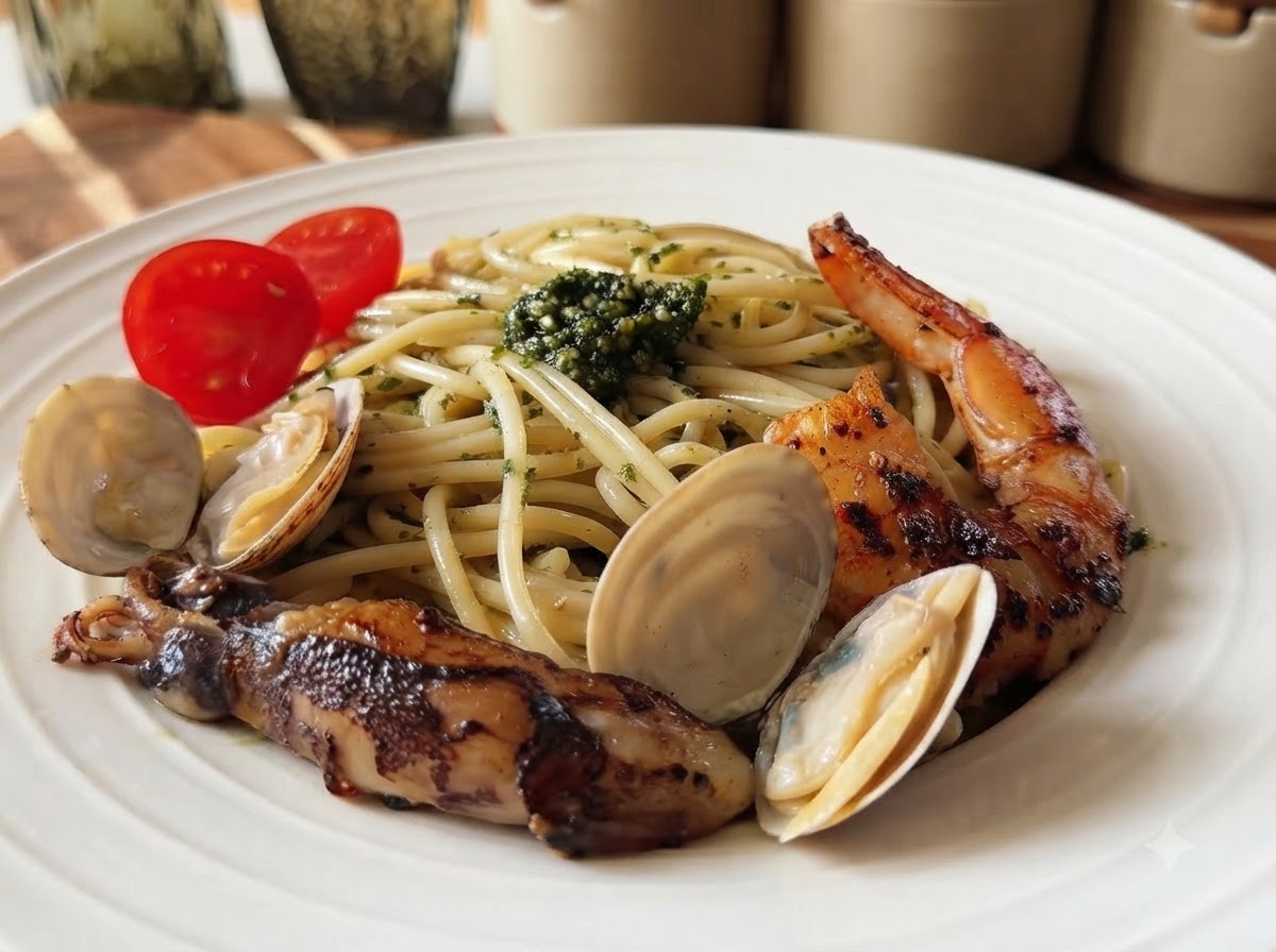 Gotowe spaghetti z pesto bazyliowym udekorowane podsmażonymi krewetkami, małżami, kalmarami i pomidorkami koktajlowymi w białej misce.