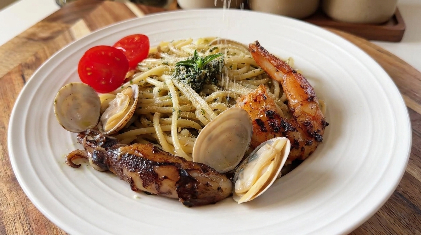 Śródziemnomorskie Spaghetti z Krewetkami, Owocami Morza i Pesto Bazyliowym