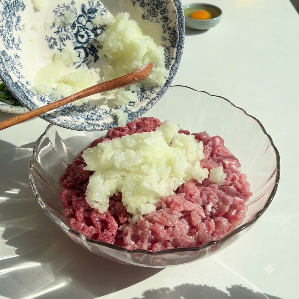 Drobnoposiekana cebula i natka pietruszki wsypywane z dekoracyjnej miseczki do szklanej miski zawierającej surowe mięso mielone.