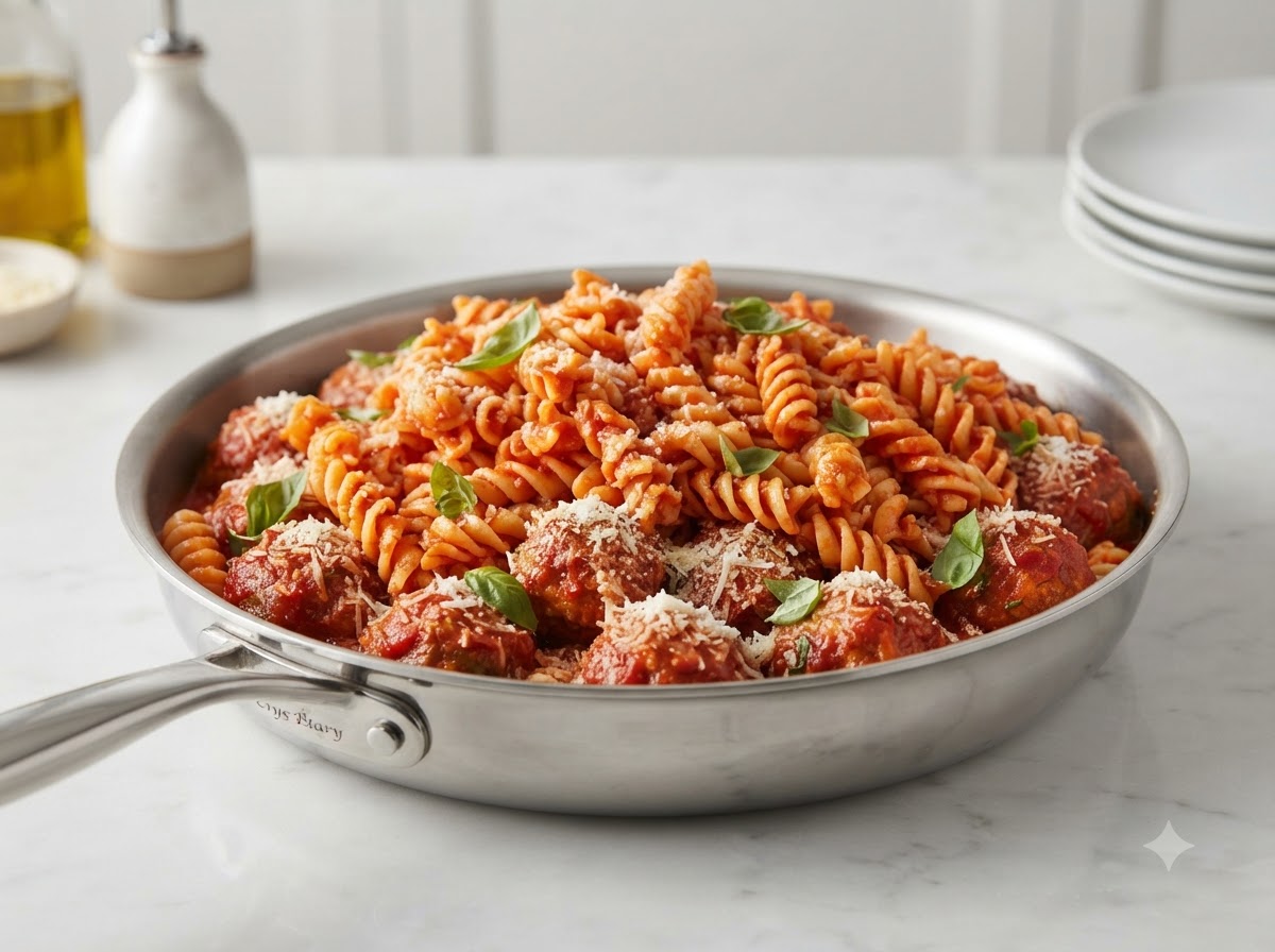 Ugotowany spiralny makaron fusilli ułożony na dużej patelni na klopsikach i sosie pomidorowym, gotowy do wymieszania.