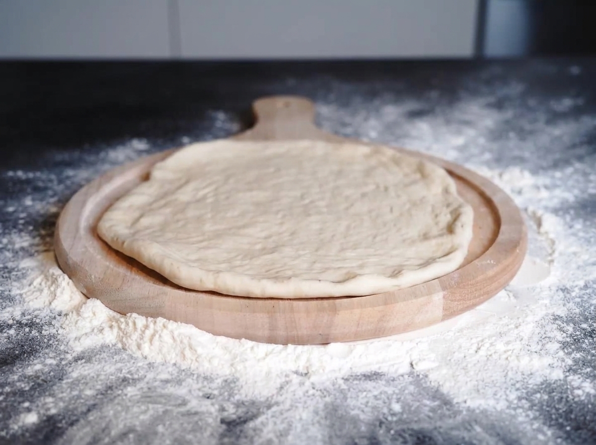 Czerwony sos pomidorowy równomiernie rozprowadzany kolistymi ruchami na okrągłym, płaskim cieście do pizzy.