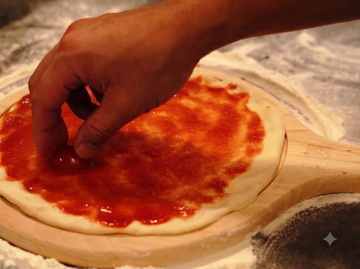 Dłoń układająca połówki pomidorków koktajlowych na okrągłym kawałku ciasta do pizzy posmarowanym czerwonym sosem.
