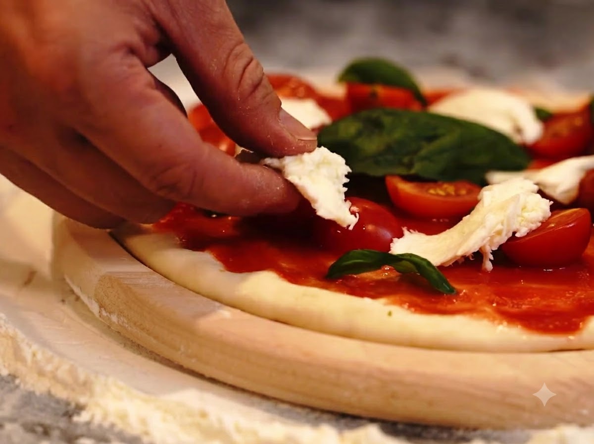 Dłoń dodająca porwane kawałki białego sera mozzarella na spód pizzy z pomidorami i liśćmi bazylii.