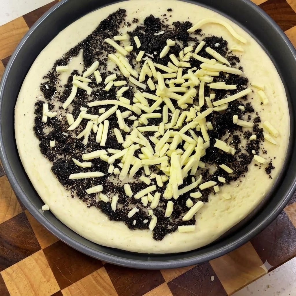 Nieupieczony spód do pizzy w formie do pieczenia, pokryty warstwą ciemnego sosu truflowego i startego sera.