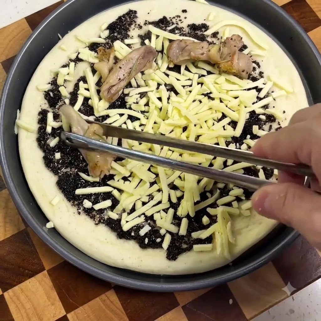 Szczypce układające ugotowane kawałki kurczaka na spodzie do pizzy przełożonym sosem truflowym i startym serem.