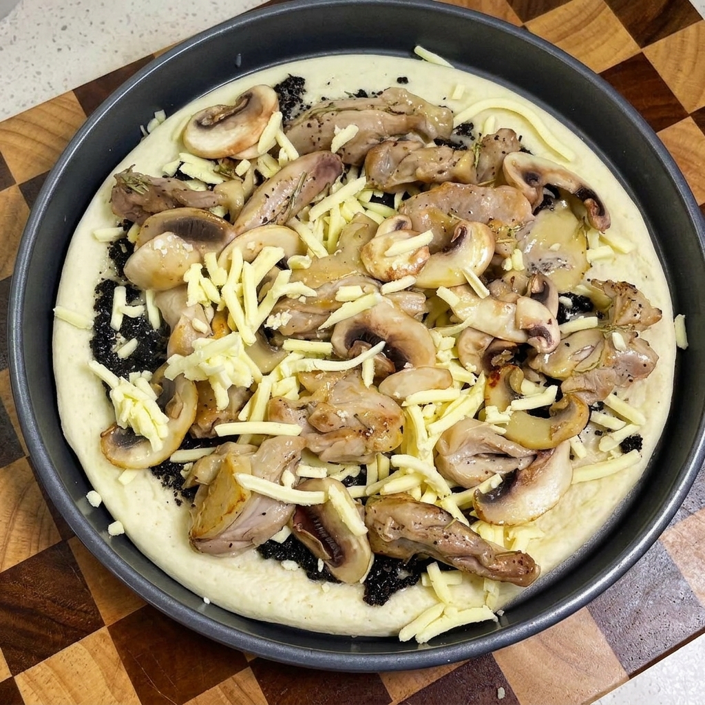 Złożona pizza z sosem truflowym, kurczakiem, pieczarkami i końcową warstwą startego sera.