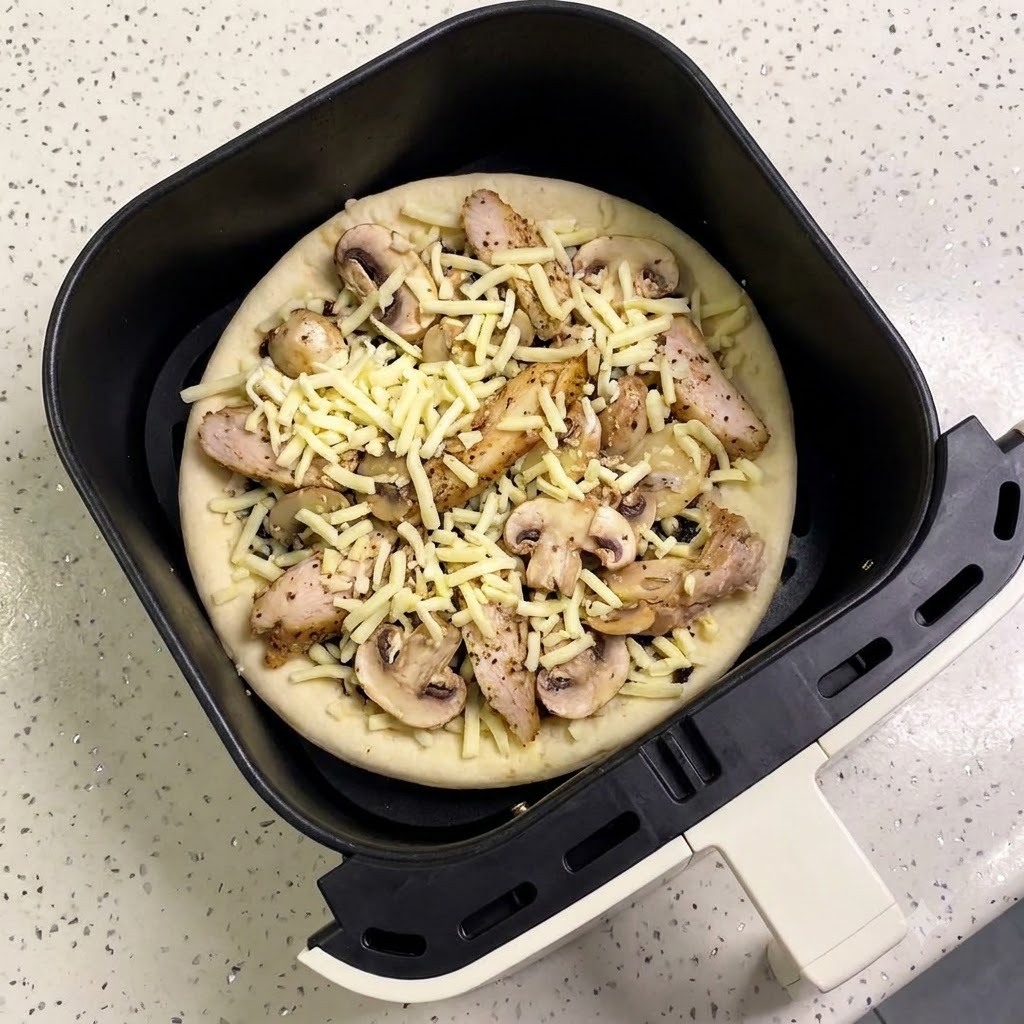 Surowa, złożona pizza umieszczona w koszu czarnej frytkownicy powietrznej, gotowa do pieczenia.
