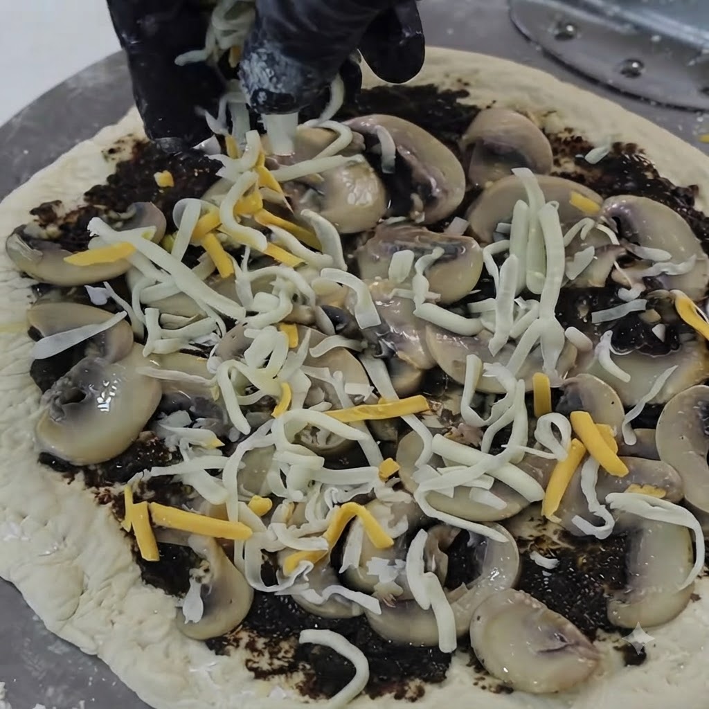 Starty ser posypywany z góry na przygotowany spód pizzy z grzybami i truflami.
