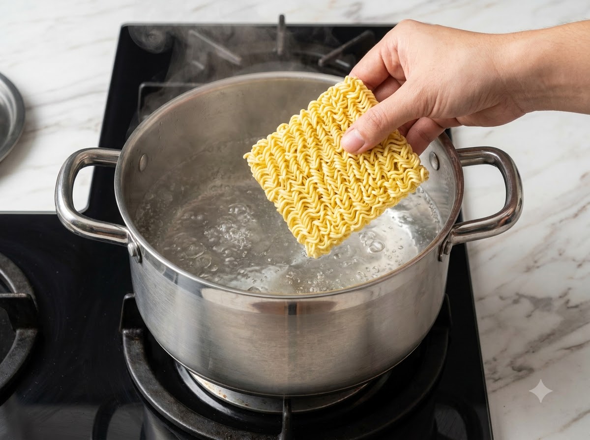 Ręka trzymająca kostkę suchego makaronu ramen instant nad garnkiem z wrzącą wodą na kuchence.