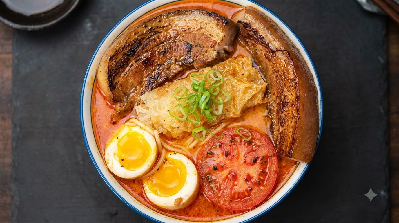 Ramen z boczkiem wieprzowym i zawiesistym sosem pomidorowym