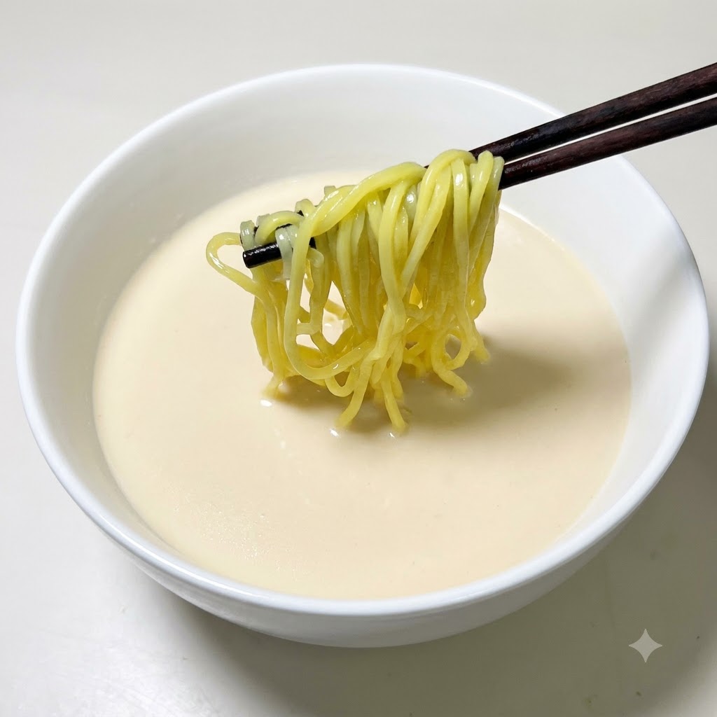 Para pałeczek trzymająca złocisty makaron ramen nad miską z kremową, białą bazą zupy.