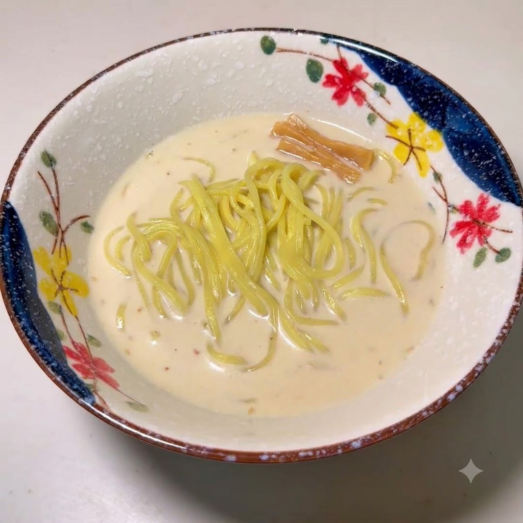 Ozdobna miska z makaronem ramen w bulionie, przyozdobiona pędami bambusa.
