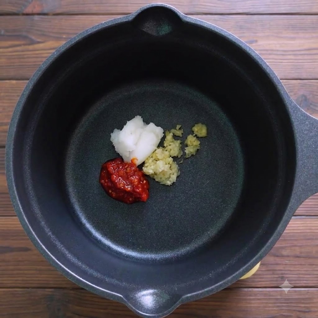 Pasta chili, smalec wieprzowy i posiekane aromatyczne składniki wewnątrz czarnego garnka.