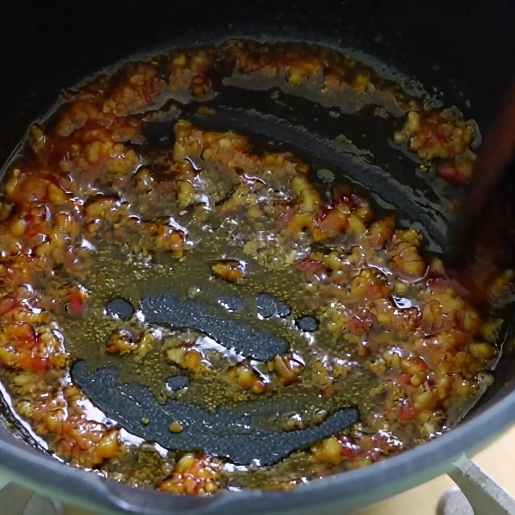 Woda z kombu wlewana na podsmażoną mieszaninę czosnku, imbiru i pasty chili.