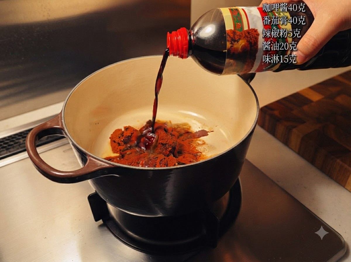 Ciemny sos wylewany z butelki do garnka z pastą curry i przyprawami na kuchence.