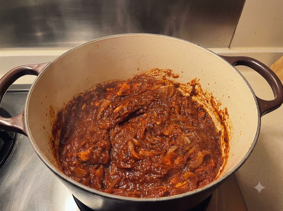 Płynny bulion wlewany do dużego żeliwnego garnka wypełnionego bogatą, ciemną bazą curry.