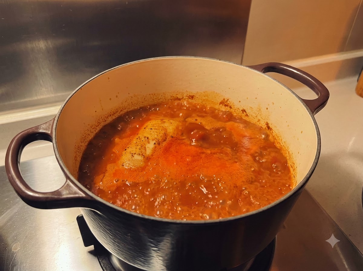 Pojedyncze udko z kurczaka zanurzone w bulgoczącym, pomarańczowo-czerwonym bulionie curry w garnku.