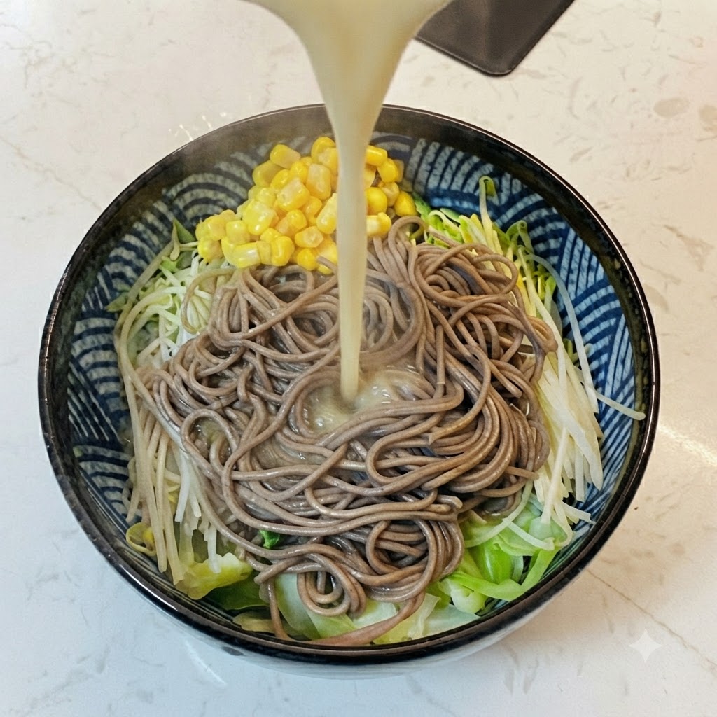 Gorący bulion miso wlewany z dzbanka do miski zawierającej makaron soba, kapustę, kiełki i kukurydzę.