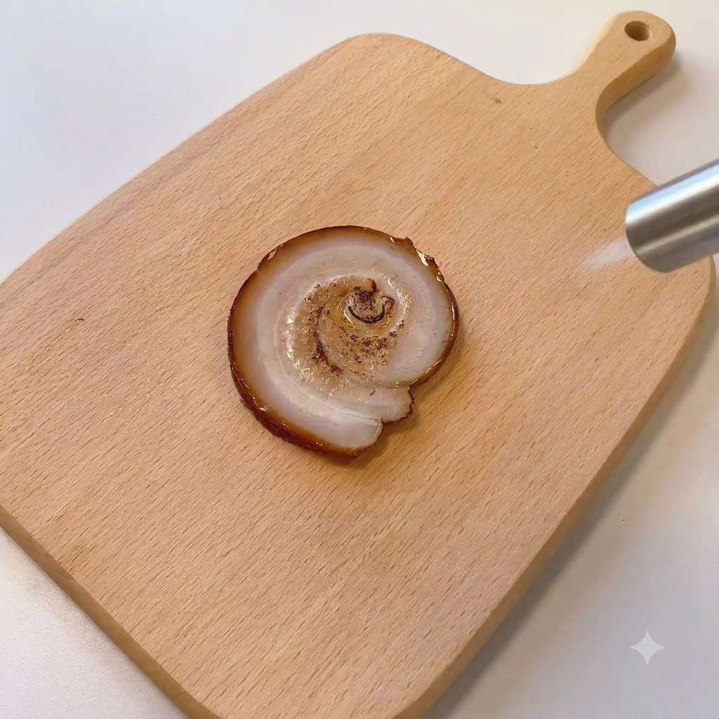 Palnik kuchenny używany do opiekania powierzchni pojedynczego plasterka wieprzowego chashu na drewnianej desce.