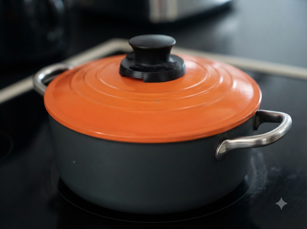 Pomarańczowe naczynie żeliwne (Dutch oven) z pokrywką stojące na kuchence lub płycie grzewczej.