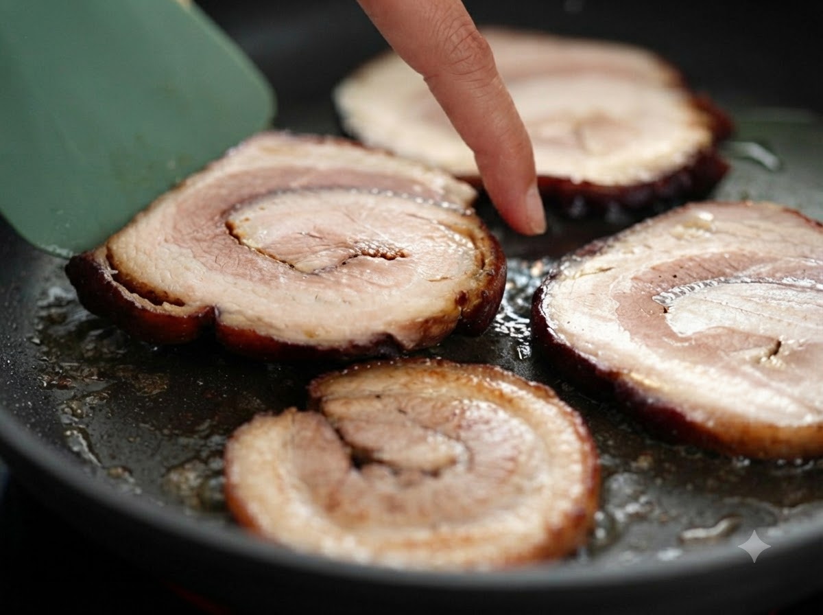 Grube okrągłe plastry boczku chashu skwierczące na patelni, kontrolowane za pomocą palca.