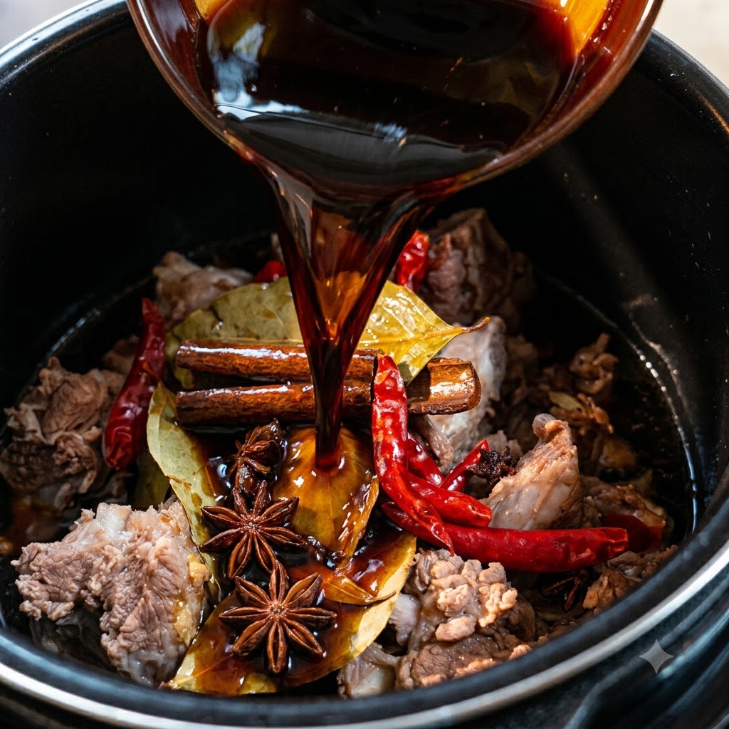 Ciemny sos wlewany z miski na gwiazdki anyżu, cynamon, suszone chili i żeberka wołowe w szybkowarze.