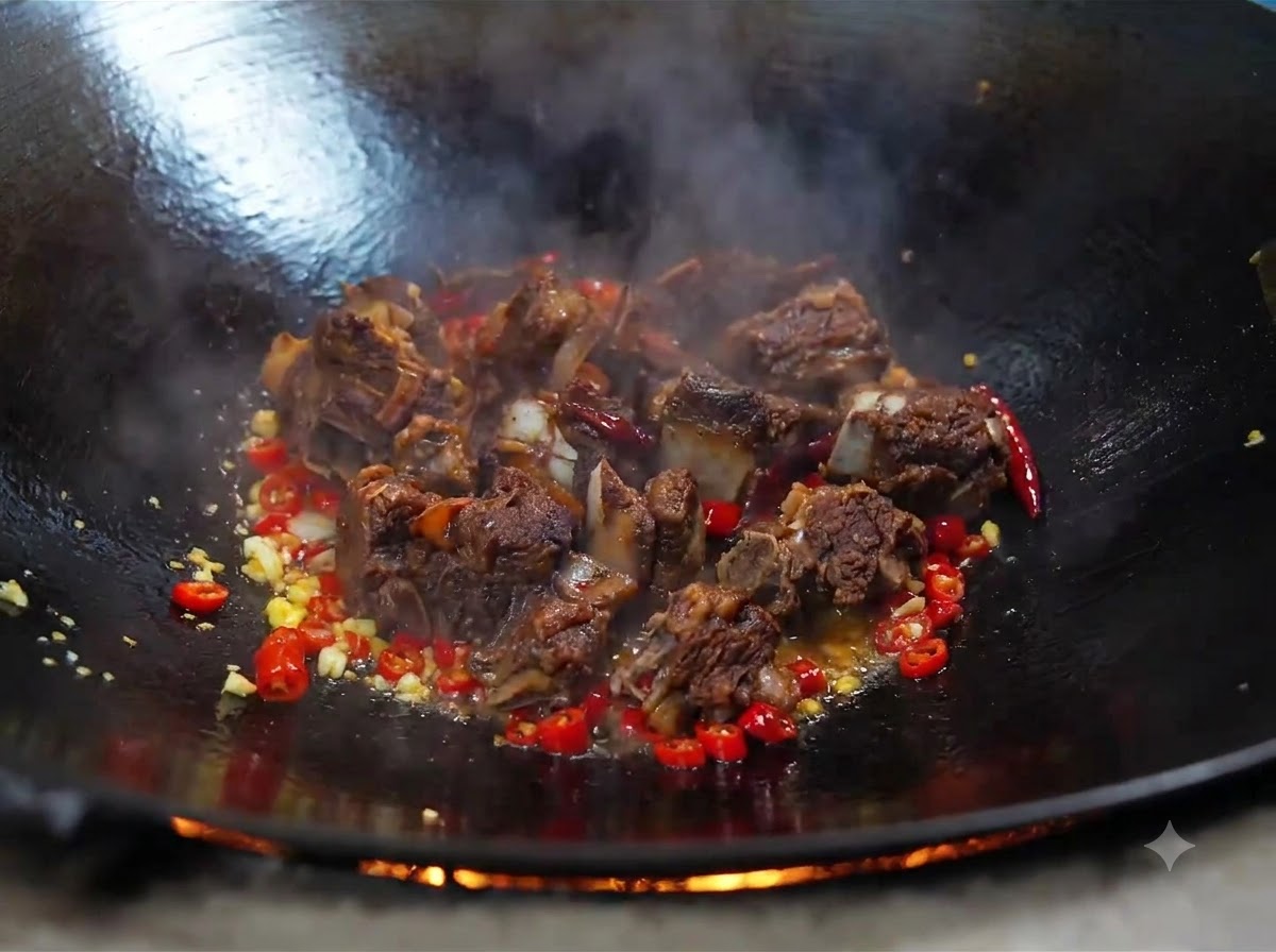 Ugotowane żeberka wołowe dodane do woka zawierającego podsmażony czosnek i czerwone chili.