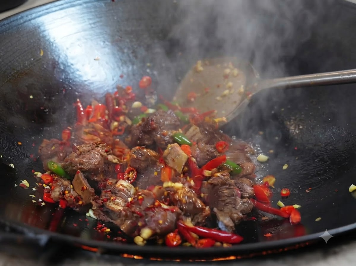 Żeberka wołowe smażone z proszkiem chili i przyprawami w woku na dużym ogniu.