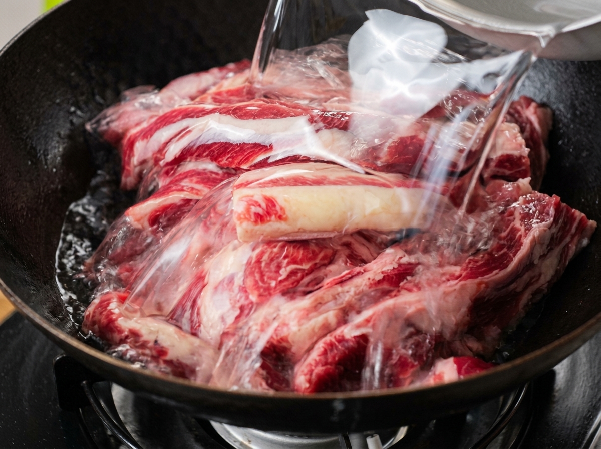 Zimna woda wlewana z pojemnika na surowe żeberka wołowe w ciemnym woku.