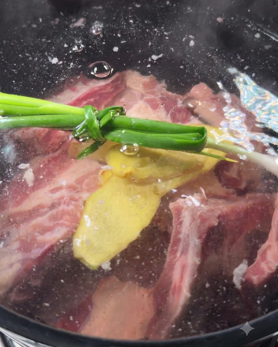 Frühlingszwiebeln und Ingwer schwimmen im Topf mit Rindfleisch.