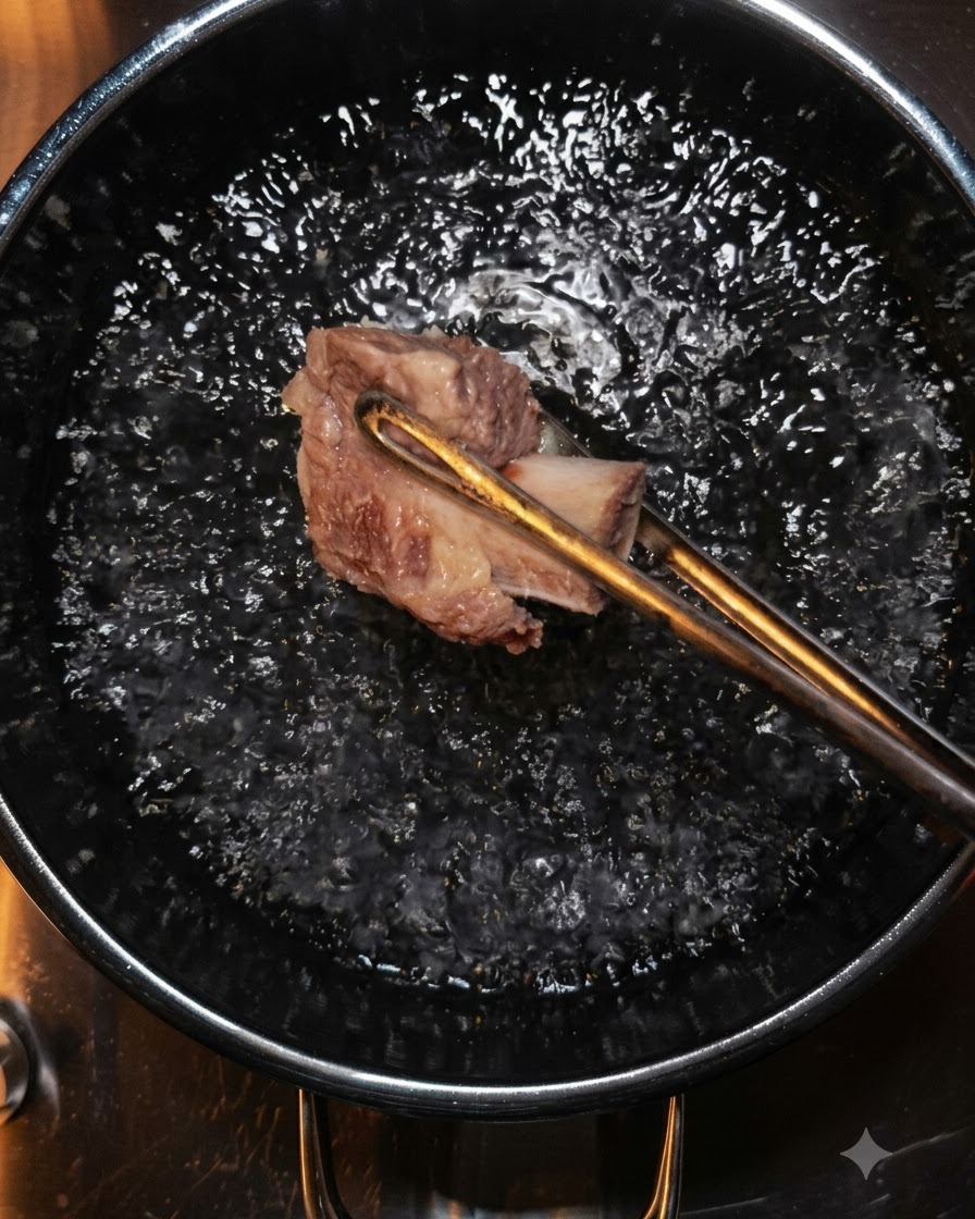 Eine Zange hebt ein Stück Rindfleisch aus dem kochenden Wasser.