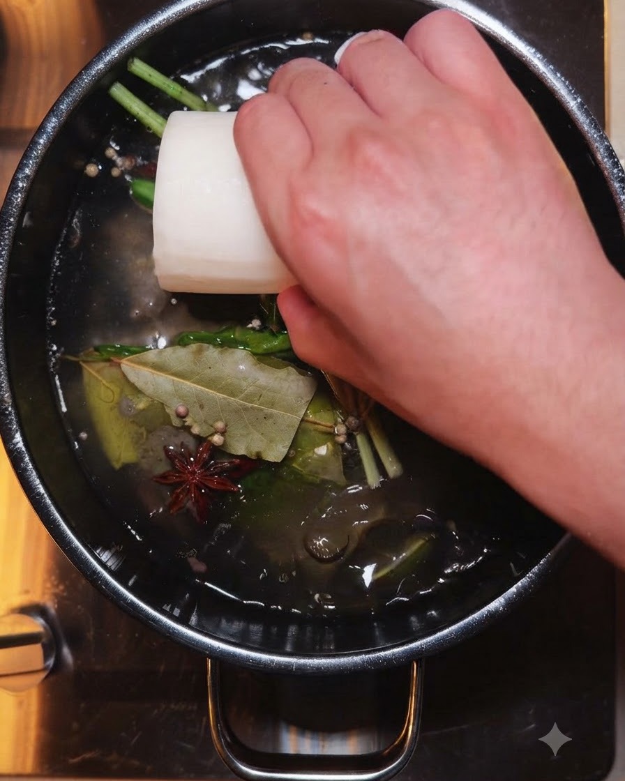 Ein ganzer weißer Rettich wird in einen großen dunklen Kochtopf gefüllt mit Brühe und Gewürzen gegeben.