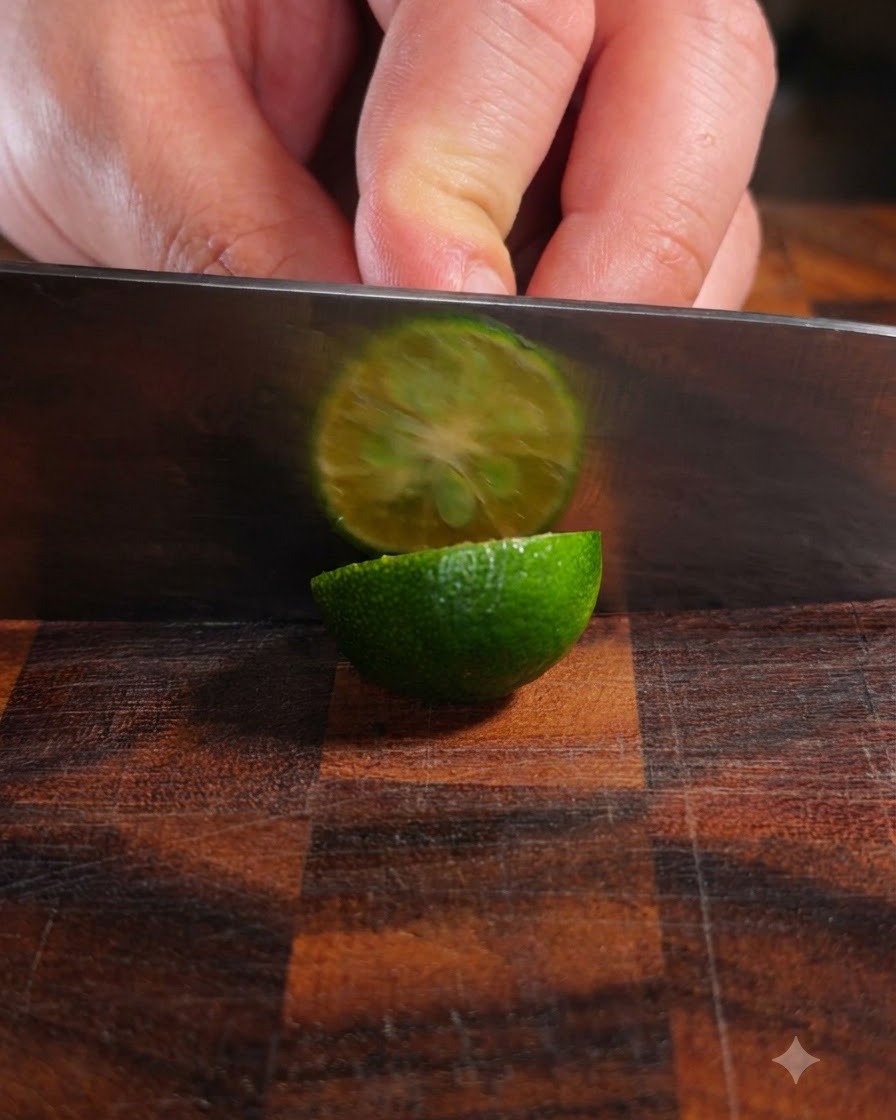Ein scharfes Messer schneidet durch eine frische grüne Kumquat auf einem Holzschneidebrett.