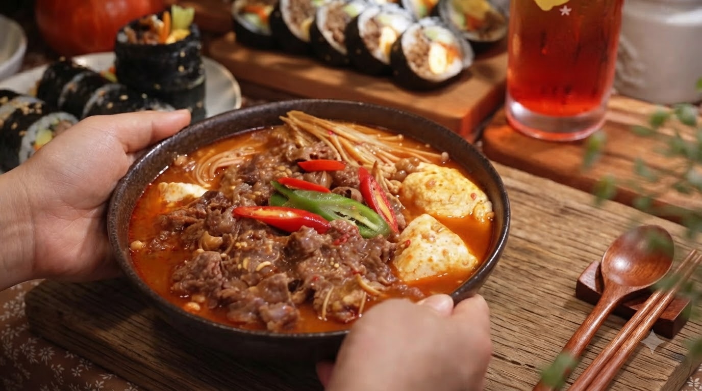 Pikantny koreański gulasz wołowy z tofu, kimbapem teriyaki i piwnym koktajlem Sunset