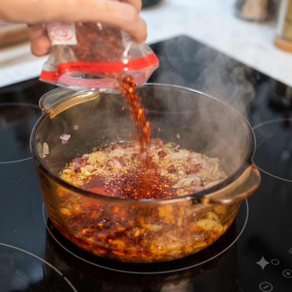 Grubo i drobno mielone chili wsypywane z saszetki do garnka z podsmażoną cebulą i olejem.