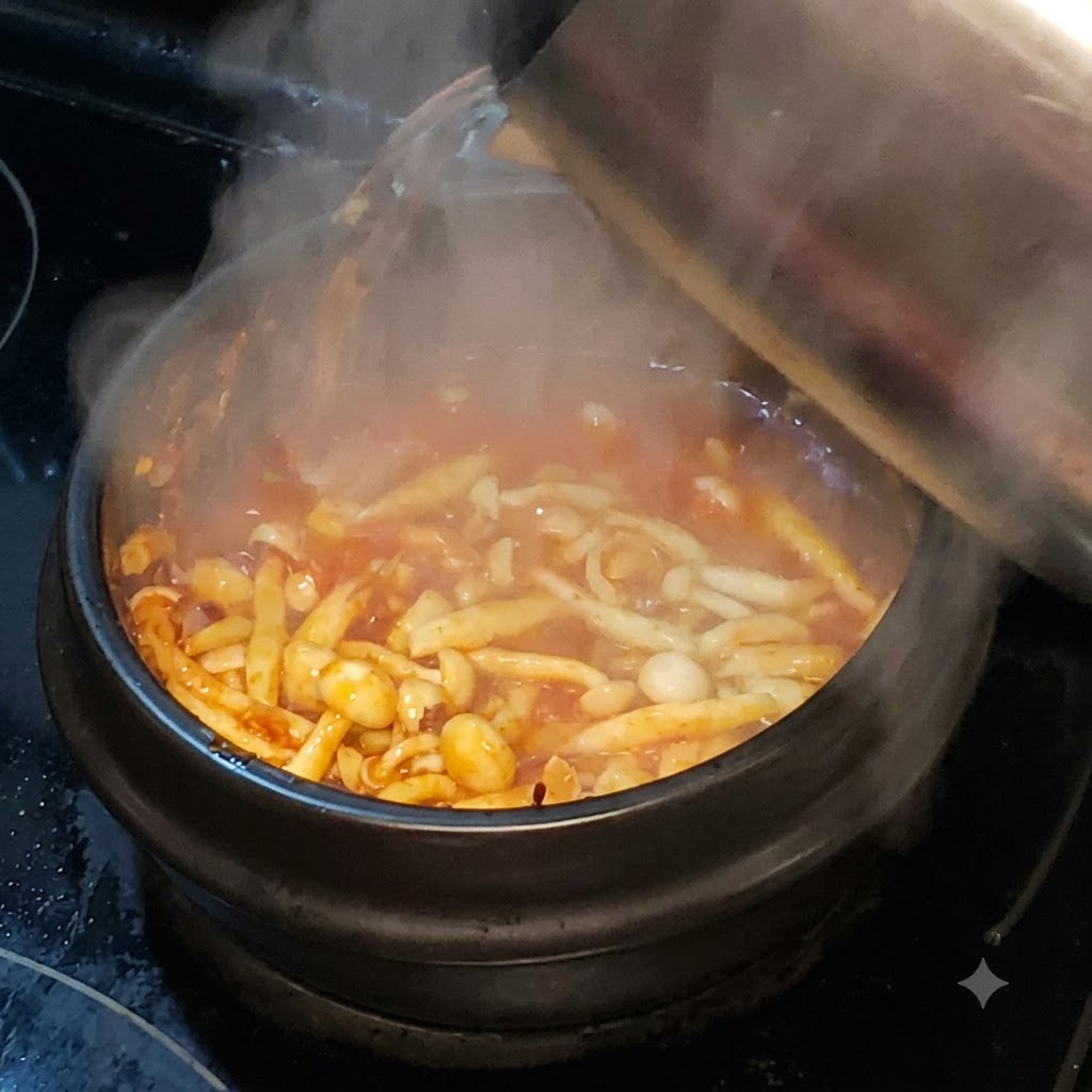 Gorąca woda wlewana z metalowego czajnika do bulgoczącego kamiennego garnka z grzybami i olejem chili.
