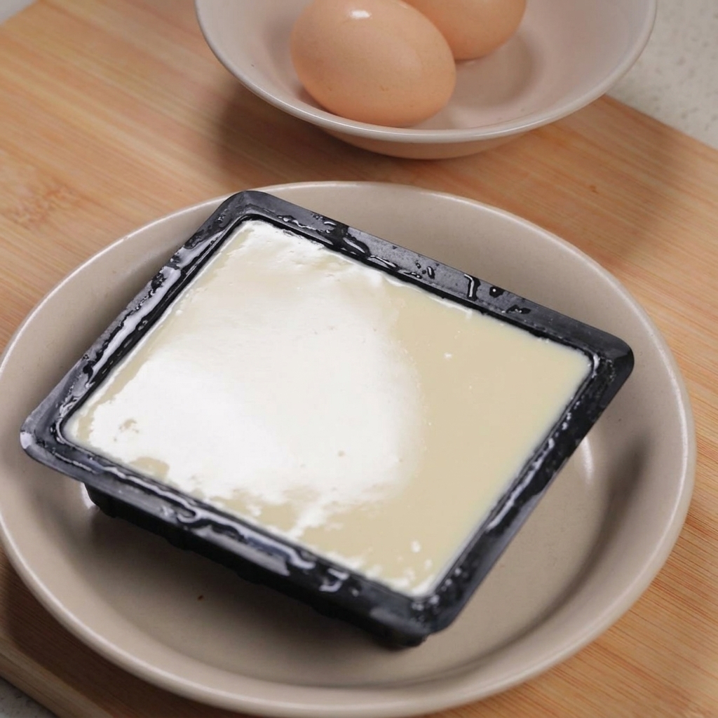 Opakowanie jedwabistego tofu w misce obok małej miski zawierającej dwa surowe jajka na drewnianej powierzchni.