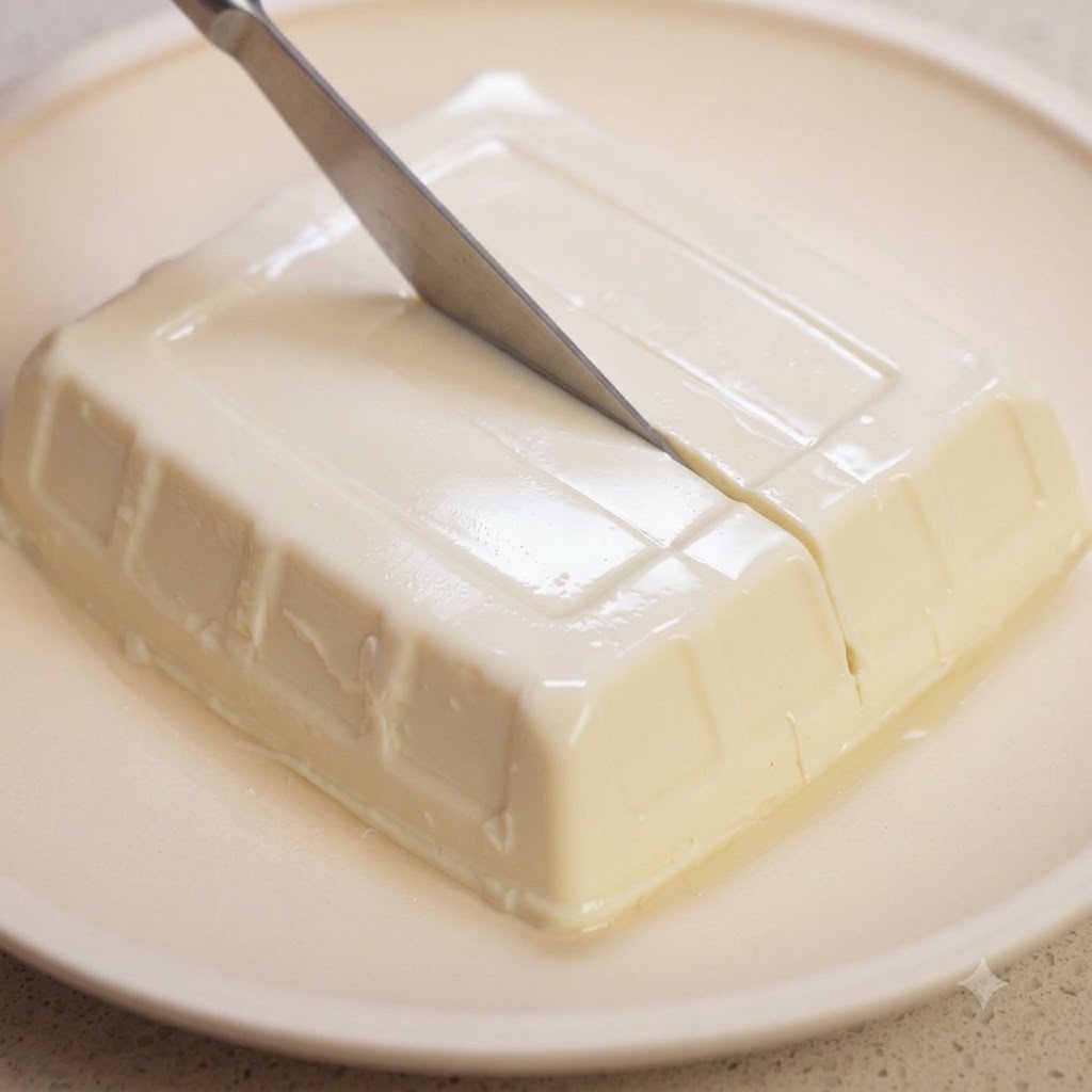 Nóż kuchenny krrojący blok białego jedwabistego tofu w zgrabną kratkę na jasnym talerzu.