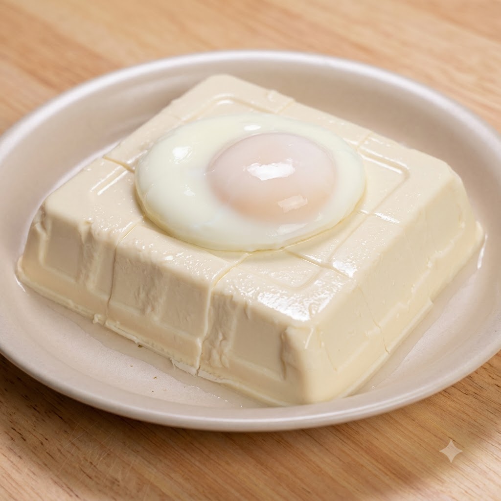 Jajko na miękko spoczywające na wierzchu pokrojonego w kostkę bloku jedwabistego tofu na talerzu.