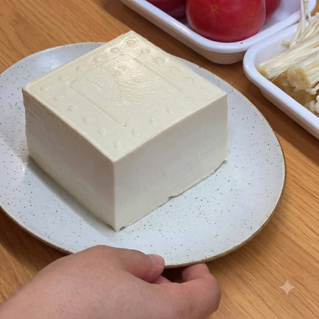 Blok świeżego białego tofu spoczywający na białym talerzu w kropki na drewnianej powierzchni.