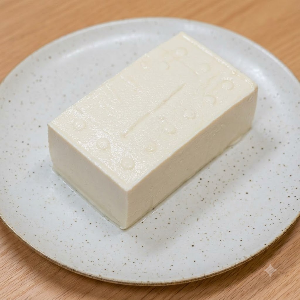 Blok świeżego białego tofu spoczywający na białym ceramicznym talerzu na drewnianej powierzchni.