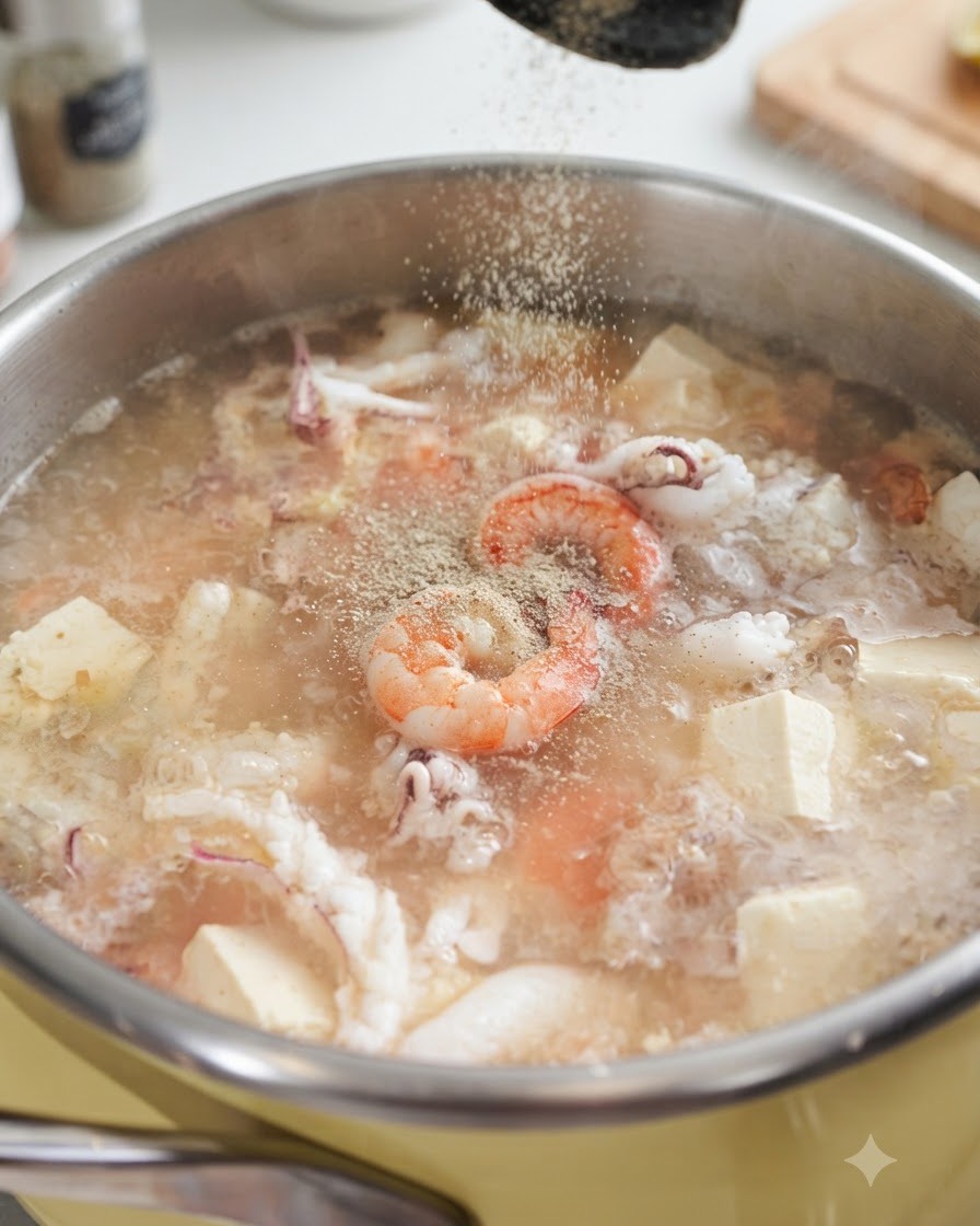 Biały pieprz w proszku posypywany do garnka z aktywnie bulgoczącą zupą z owoców morza zawierającą krewetki, kalmary i tofu.