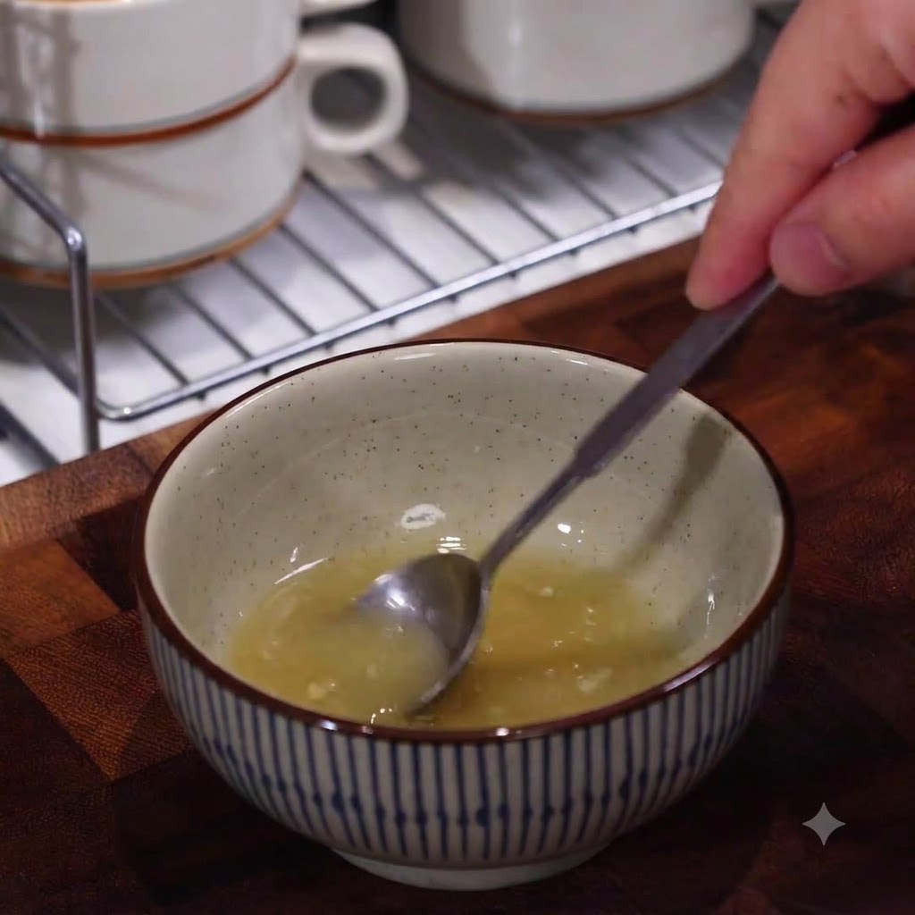 Ręka używająca małej łyżeczki do mieszania mąki, oleju i wody w małej ceramicznej misce.