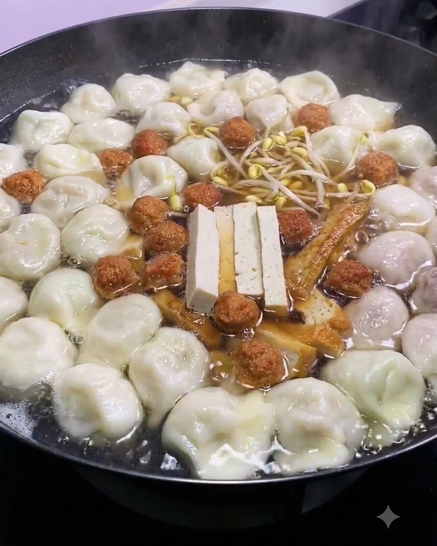 Świeże żółte kiełki fasoli umieszczone na środku pełnego garnka gotującej się zupy z pierożkami, tofu i klopsikami.