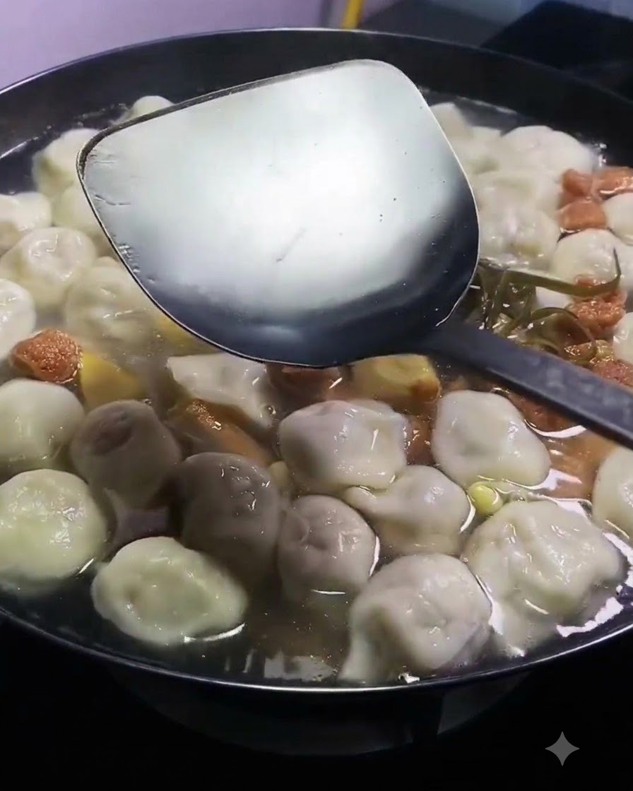 Chochla nalewająca jasny sos sojowy do gotującego się garnka wypełnionego pierożkami, mięsem i tofu.